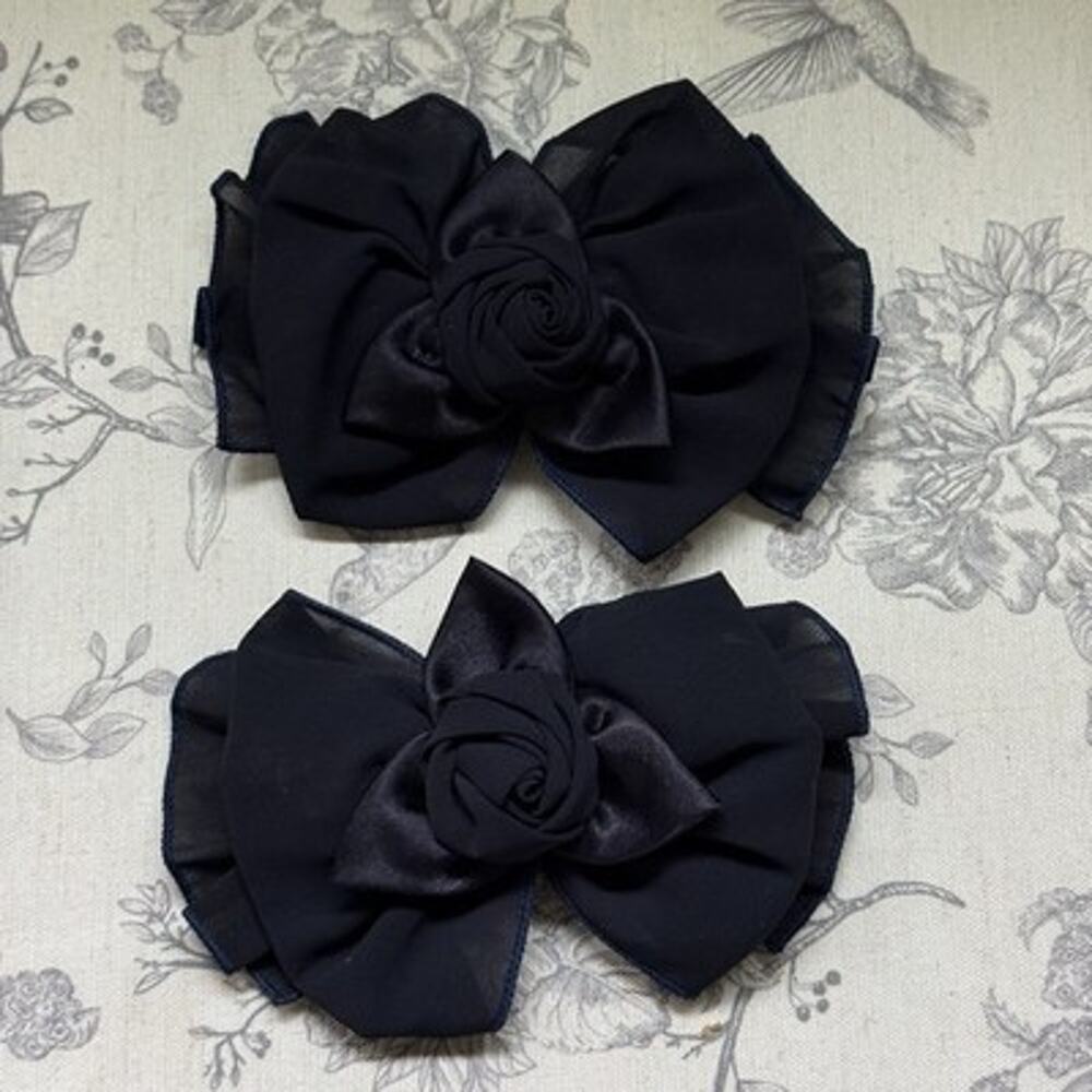 Vtg 80s 90s Large Hair Bow Clip Ribbon Blue Rose Cottagecore Romantic Coquette